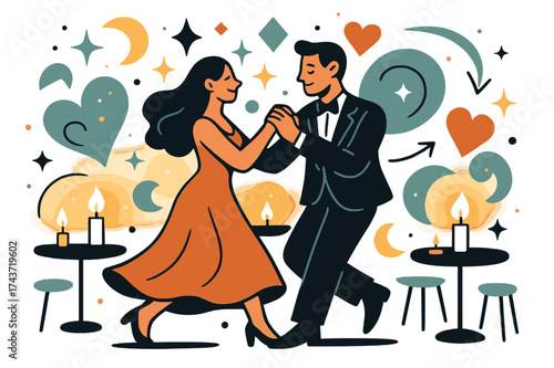 Candlelit Wedding Atmosphere. Candlelit romance. Glowing candles on tables, abstract floating lights and geometric shapes emphasizing intimacy, warmth, and