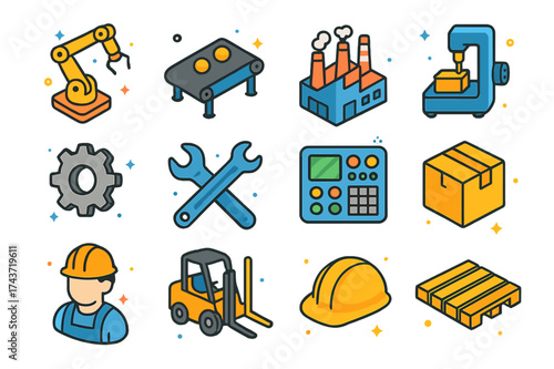 Colorful Manufacturing Icons. Manufacturing. Colorful isometric vector icons set of manufacturing: robotic arm, conveyor belt, factory building, machine tool,