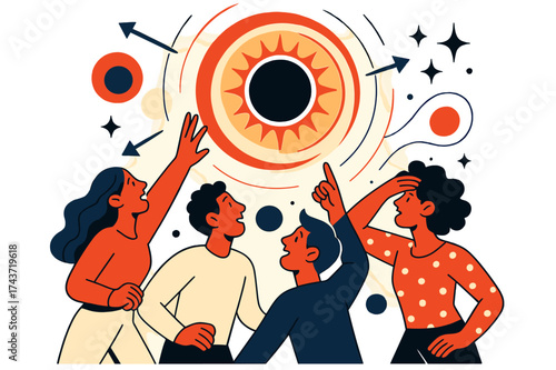 Glowing Eclipse Wonders. Astronomical events. A group of people looking up at a glowing eclipse, abstract circular shapes radiating cosmic energy. Arrows and
