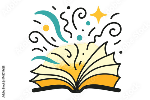 Flowing Knowledge Illustration. Flowing Knowledge. A glowing book with pages mid-turn, abstract floating spark and swirl shapes symbolizing movement and ideas