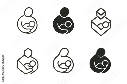 Family Logo Variations. Peaceful feeding moment. Set Logo of Family: caring parent icon. harmonious logo variations of the same emblematic concept, each with