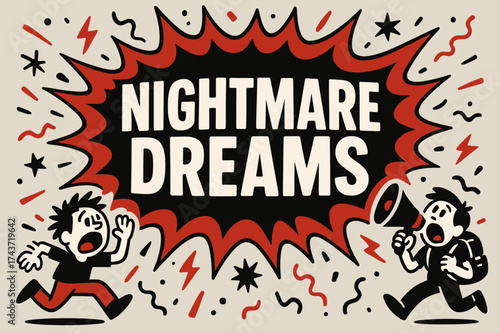 Nightmare Dreams Frenzy. Nightmare Dreams banner, flat vector illustration, bold oversized text inside splash explosion, cartoon characters running and