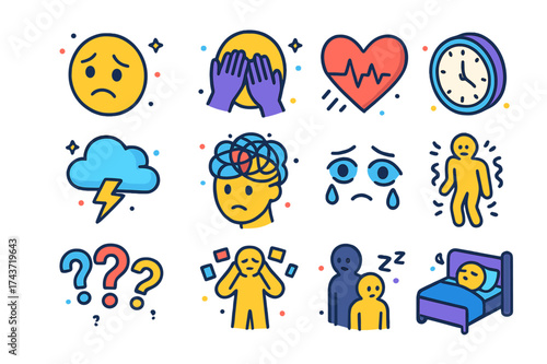 Colorful Anxiety Icons. Anxiety. Colorful isometric vector icons set of Anxiety: worried face, hands covering face, racing heartbeat, ticking clock, storm
