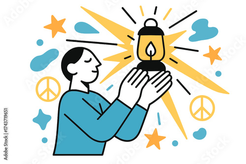 Gratitude's Glowing Lantern. Light of gratitude. A glowing lantern lifted by a character with folded hands, abstract beams of light shining across floating