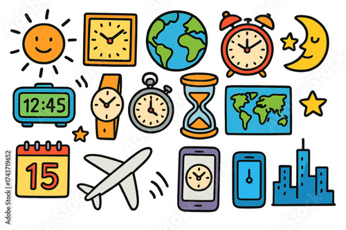 Global Time Icons. Clocks around the world. Colorful Hand-drawn doodle Children illustration Clocks around the world alarm clock, digital clock, wristwatch,