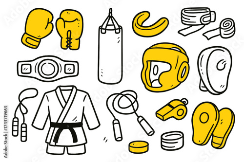 Boxing Essentials Illustrated. Boxing & Martial Arts. Hand-drawn doodle illustration boxing gloves (colored), punching bag, mouthguard (colored), belt, helmet