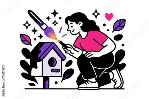Vibrant Birdhouse Painting. Painting details. A glowing brush painting bright colors onto a birdhouse, abstract sparkles, hearts, and leaves floating