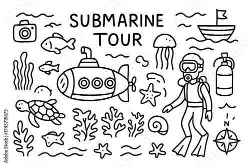 Underwater Adventure Icons. Submarine tour. Hand-drawn doodle illustration submarine tour submarine, fish, turtle, jellyfish, starfish, seaweed, coral, camera,