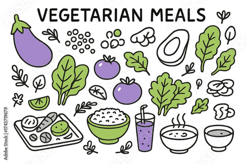 Colorful Vegetarian Doodles. Vegetarian meals. Hand-drawn doodle illustration vegetarian meals eggplant (accented), lentils (accented), chickpeas, spinach