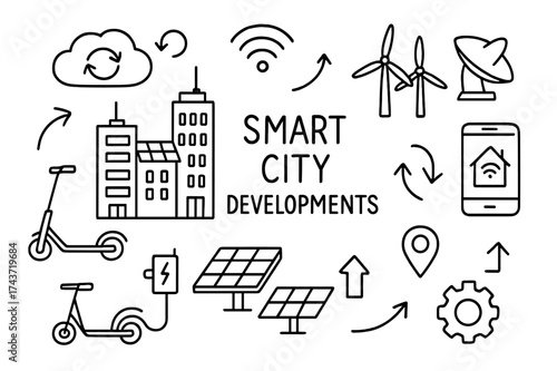 Smart City Doodle. Smart city developments. Hand-drawn doodle illustration smart city developments buildings, wifi icon, smartphone screen, electric scooter,
