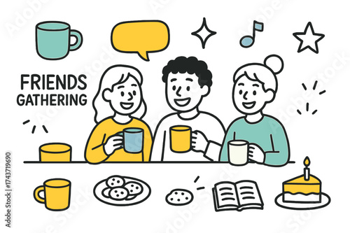 Colorful Friends Gathering. Friends Gathering. Hand-drawn doodle illustration three people (colored), mugs (colored), cookie plate, chat bubble (colored),