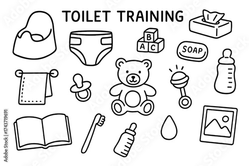 Toilet Training Essentials. Toilet training. Hand-drawn doodle illustration toilet training potty chair, diaper, wipes, toy blocks, teddy bear, pacifier, soap,