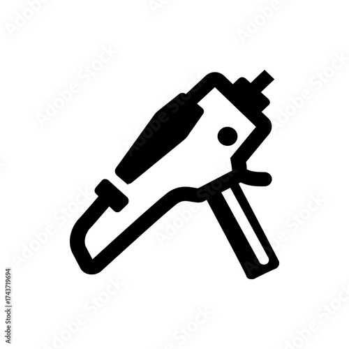 Illustration of a black and white glue gun with a handle and nozzle design for adhesive applications tool