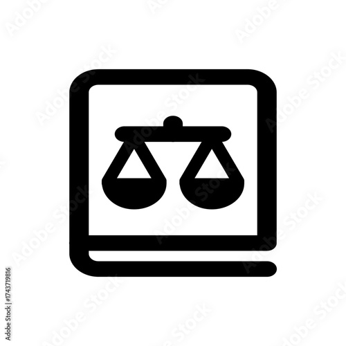 Black and white icon depicting a book with a scale of justice symbol on the cover representing law and order