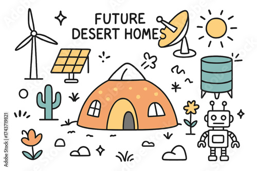 Futuristic Desert Homestead. Future Desert Homes. Hand-drawn doodle illustration futuristic dome house (colored), solar panels (colored), cactus, satellite
