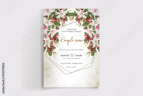 WEDDING INVITATION FRAME WITH FLOWER DECORATIONS AND FRESH LEAVES