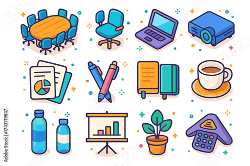 Colorful Meeting Room Icons. Meeting room. Colorful isometric vector icons set of meeting room: conference table, office chairs, laptop, projector, documents,