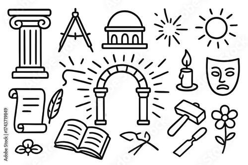Architectural Doodle Icons. Architecture. Hand-drawn doodle illustration architecture column, arch, dome, scroll, compass, sketch, sun, candle, quill, book,