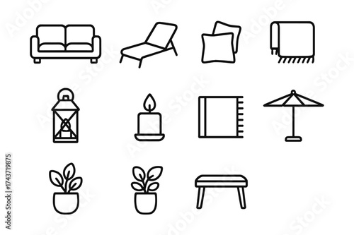 Patio Comfort Icons. Patio comfort. Line icon set of patio comfort: outdoor sofa, lounge chair, pillows, blanket, lantern, candle, rug, umbrella, potted plant,