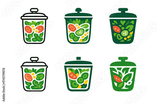 Colorful Salad Logos. Preparing a colorful salad with a variety of vegetables. Set Logo of Preparing a colorful salad with a variety of vegetables: Layered