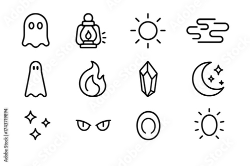 Enchanted Spirit Icons. Enchanted spirits. Line icon set of Enchanted spirits: ghost, glowing lantern, floating orb, mist, shadow figure, spectral flame,