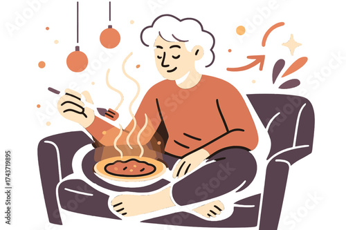 Cozy Evening Meal. Cozy evening meal. Glowing plate of food with floating abstract steam lines, person sitting cross-legged on couch, soft glowing lights