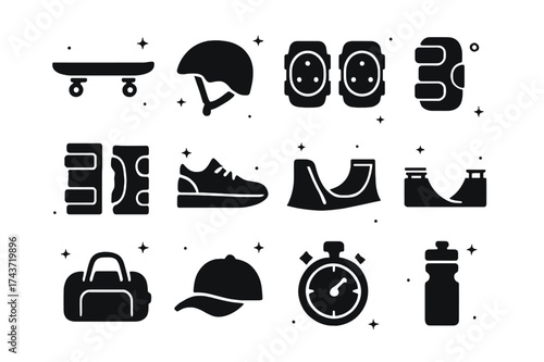 Skate Gear Icons. Skateboarding & Roller Sports. Solid icons set of Skateboarding & Roller Sports: Skateboard, Helmet, Knee Pads, Elbow Pads, Wrist Guards,