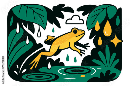 Glowing Frog Leap. Rainforest habitat. Frog glowing as it leaps across puddles under dripping leaves. Floating water drops, cloud, and sparkle icons