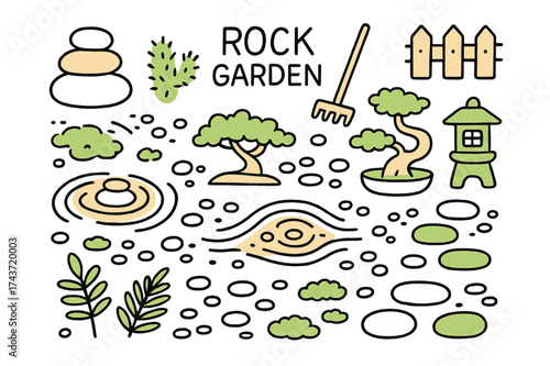 Zen Garden Elements. Rock garden. Hand-drawn doodle illustration rock garden stacked stones (accented), pebbles, sand ripples (accented), moss