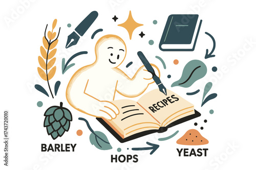 Brewer's Recipe Creation. Brewer?s journal. Glowing figure writing recipes beside ingredients: barley, hops, yeast. Floating icons of pen, sparkle, and book