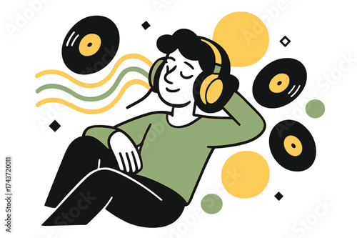 Retro Sound Waves. Headphones & analog vibes. A person relaxing with oversized retro headphones, waves of sound flowing out in bright loops. Vinyl discs