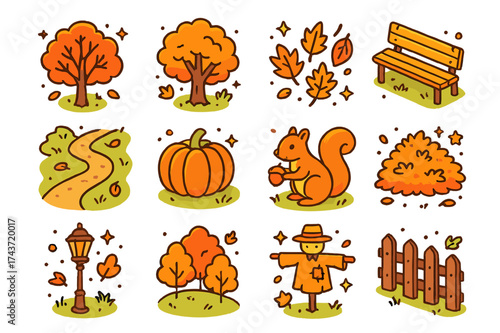 Autumn Icons Set. Autumn landscapes. Colorful isometric vector icons set of autumn landscapes and foliage: maple tree, oak tree, falling leaves, park bench,