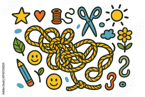 Playful Rope Doodles. Rope Play. Colorful Hand-drawn doodle Children illustration tangled rope, knot, scissors, star, heart, smiley face, thread, leaf, cloud,