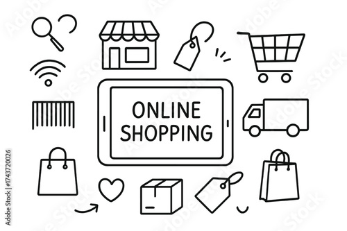 Online Shopping Doodles. Online shopping. Hand-drawn doodle illustration online shopping tablet, shopping cart, credit card, barcode, delivery truck, box, bag,