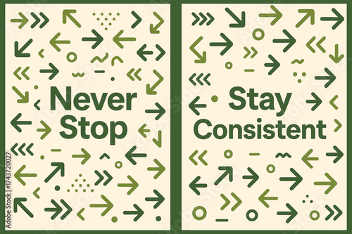Motivational Banner Design. Inspiration. Two vertical A6 banners with safe margins, centered composition, no elements touching edges, memphis style, olive