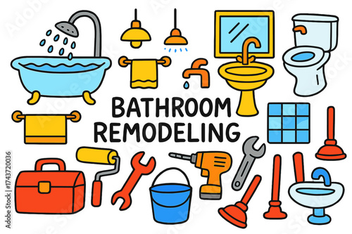 Colorful Bathroom Doodles. Bathroom Remodeling. Colorful Hand-drawn doodle Children illustration Bathtub, shower head, sink, faucet, tiles, mirror, toilet,