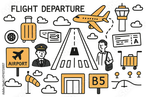 Air Travel Essentials. Flight Departure. Hand-drawn doodle illustration flight departure airplane (accented), runway, clouds, control tower (accented), jet