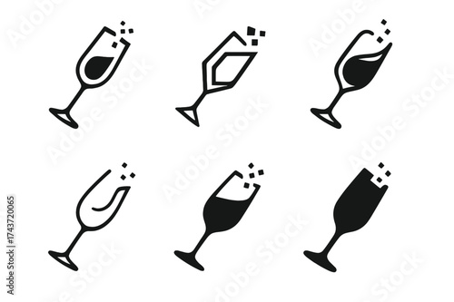 Digital Champagne Logos. Digital champagne flute services. Set Logo of Digital champagne flute services: tilted glass pouring. harmonious logo variations of