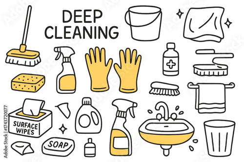 Deep Cleaning Essentials. Deep Cleaning. Hand-drawn doodle illustration deep cleaning mop (accented), bucket, cloth (accented), sponge, spray bottle, gloves