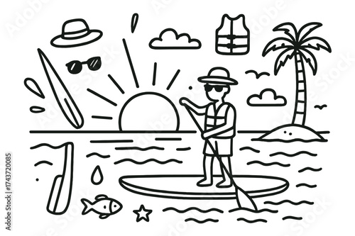 Sunset Paddleboarding Doodle. Paddleboarding at sunset. Hand-drawn doodle illustration paddleboarding at sunset paddleboard, paddle, waves, sun, clouds, palm