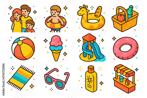 Isometric Family Icons. Family Fun. Colorful isometric vector icons set of family fun: parents, kids, inflatable toys, picnic basket, beach ball, ice cream,