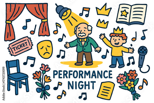 Theatrical Performance Icons. Performance Night. Colorful Hand-drawn doodle Children illustration stage, curtain, spotlight, star, ticket, elderly actor, child