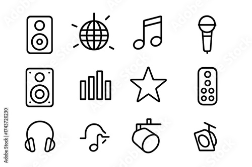 Party Sound Icons. Party sound. Line icon set of party sound: large speaker, disco ball, music note, microphone, subwoofer, equalizer, star, remote control,