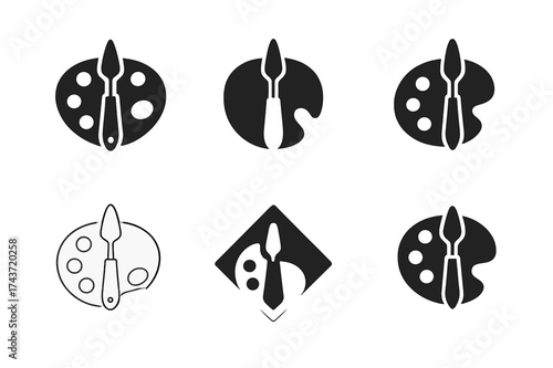 Art Studio Logo Variations. Studio corner with art supplies. Set Logo of Art studio: paint palette knife. harmonious logo variations of the same emblematic