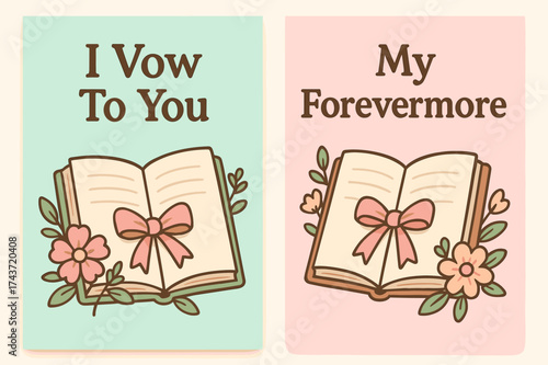 Wedding Vow Banners. Vows. Two vertical A6 banners, cartoon, pastel mint and pink backgrounds, open vow book with ribbon and floral accents, first banner with