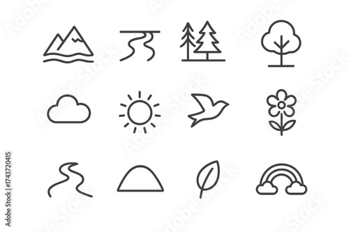 Nature Icon Set. Nature Horizon. Line icon set of Nature Horizon: mountain, river, forest, tree, cloud, sun, bird, flower, path, hill, leaf, rainbow. All