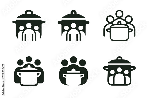 Community Cooking Logos. Cooking for large groups and parties. Set Logo of Cooking for large groups and parties: Community kitchen / communal pot. harmonious