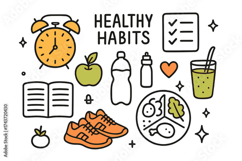 Healthy Habits Icons. Healthy Habits. Hand-drawn doodle illustration alarm clock (colored), checklist, apple (colored), water bottle, walking shoes (colored),