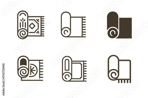 Diverse Rug Logo Designs. Placing a rug in the center of the room. Set Logo of Interior design: rolled rug being unrolled icon. harmonious logo variations of
