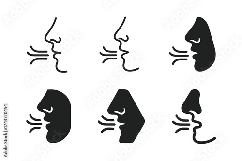 Breathing Exercise Logos. Breathing exercises for stress management. Set Logo of Breathing exercises for stress management: Nose and mouth silhouette with
